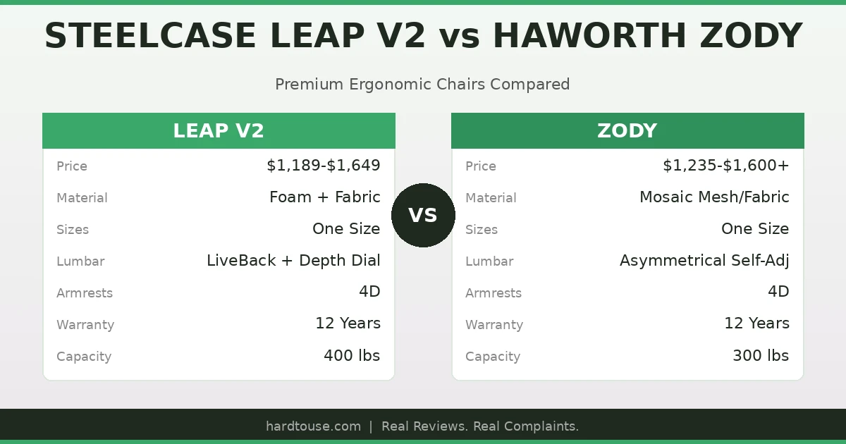 Steelcase Leap V2 vs Haworth Zody comparison - premium ergonomic office chairs head to head