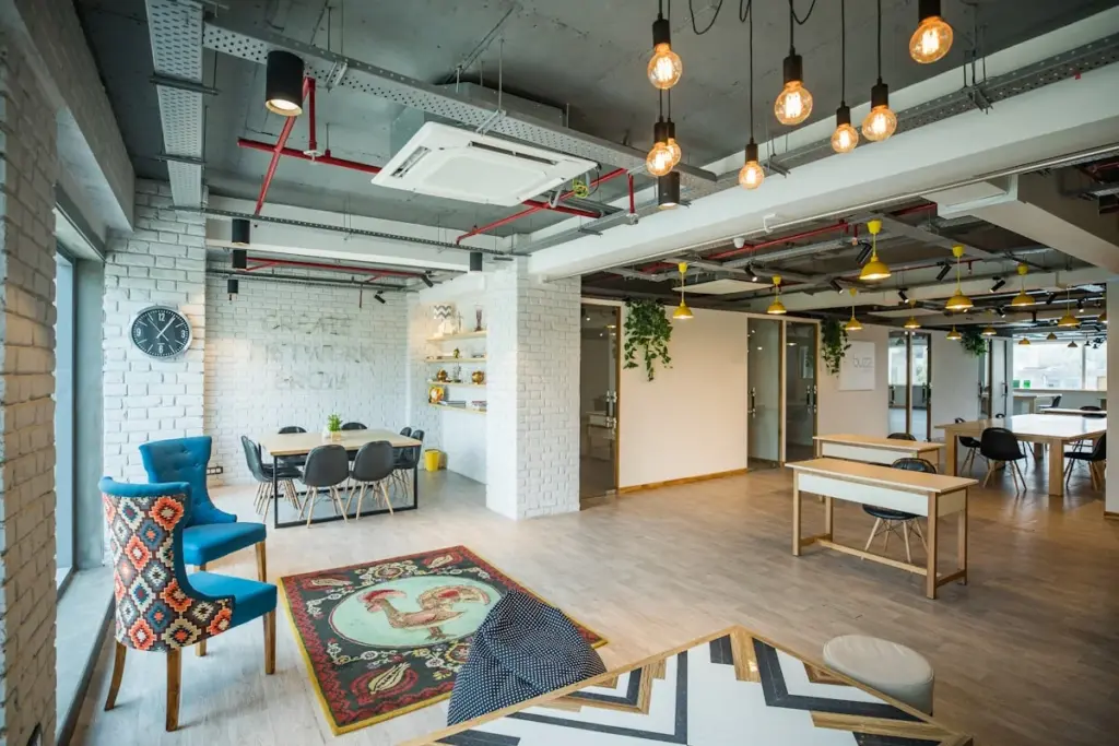 Industrial loft office with desks and chairs