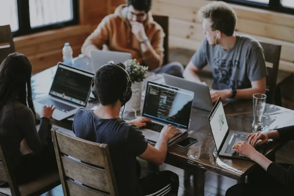 Office team collaborating in modern workspace